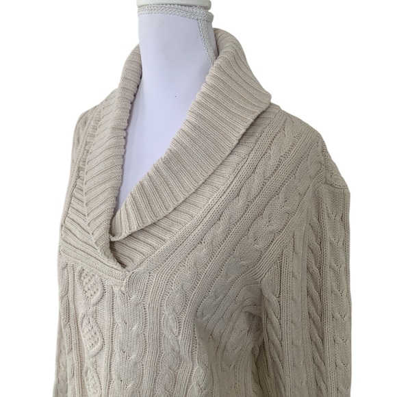 Jeanne Pierre Cotton Cable Knit Shawl Collar Fisherman Sweater Cream Ivory M - Picture 3 of 6